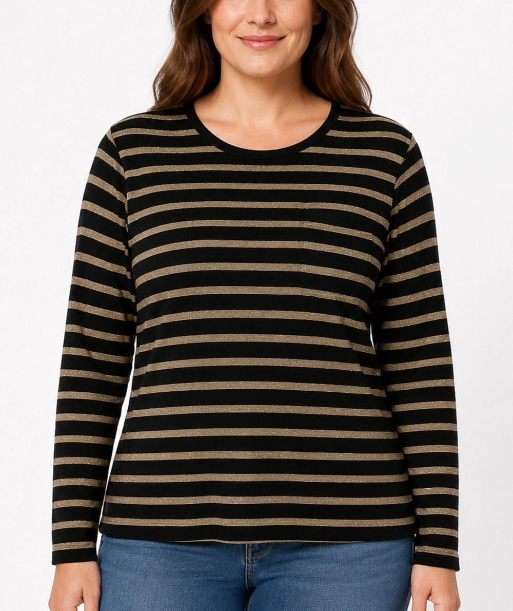 Lauren Ralph Lauren Top 2X Black Gold Metallic Stripe Long Sleeve Plus Size